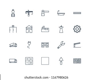 Set Of 20 linear icons such as Brick wall, Trowel, Tractor, Calculator, Delivery truck, Ruler, Sink, House, Dumper, Home, Barrier, editable stroke vector icon pack
