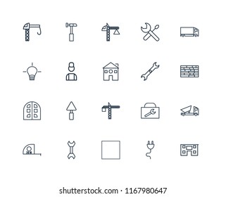 Set Of 20 linear icons such as House, Plug, Tractor, Wrench, Measuring tape, Delivery truck, Crane, Building, Worker, editable stroke vector icon pack