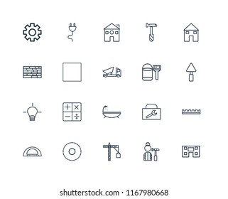 Set Of 20 linear icons such as House, Worker, Crane, Circular saw, Protractor, Paint bucket, Bathtub, Idea, Tractor, Home, editable stroke vector icon pack