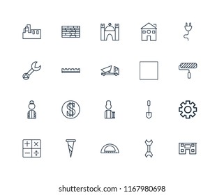 Set Of 20 linear icons such as House, Wrench, Protractor, Screw, Calculator, Plug, Tractor, Worker, Ruler, Castle, editable stroke vector icon pack