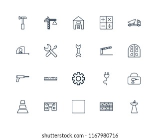 Set Of 20 linear icons such as Sink, Brick wall, Tractor, House, Cone, Dumper, Barrier, Settings, Driller, Screwdriver, Warehouse, editable stroke vector icon pack