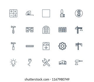 Set Of 20 linear icons such as Driller, Dumper, Plug, Idea, Money, Brick wall, Voltmeter, Hammer, House, Tractor, editable stroke vector icon pack