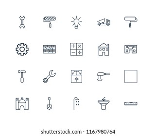 Set Of 20 linear icons such as Ruler, Sink, Shower, Shovel, Castle, Paint roller, Home, Voltmeter, Hammer, Brick wall, Idea, editable stroke vector icon pack