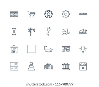Set Of 20 linear icons such as Voltmeter, Museum, Building, Cone, Calculator, Ruler, Forklift, Bathtub, Warehouse, Crane, Settings, editable stroke vector icon pack