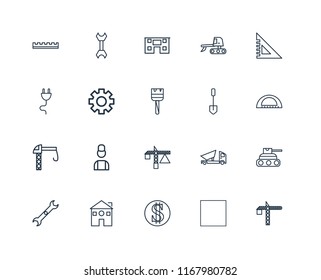 Set Of 20 linear icons such as Crane, Tractor, Money, Wrench, square, Shovel, Settings, House, editable stroke vector icon pack