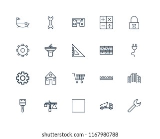 Set Of 20 linear icons such as Wrench, Dumper, Tractor, Crane, Paint brush, Padlock, Brick wall, Wheelbarrow, Settings, Sink, House, editable stroke vector icon pack