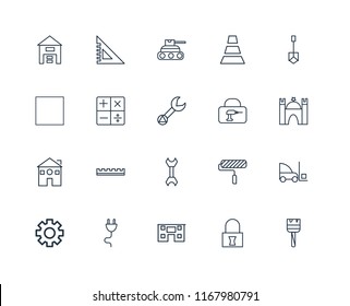 Set Of 20 linear icons such as Paint brush, Padlock, House, Plug, Settings, Shovel, Toolbox, Wrench, Home, Calculator, Tank, editable stroke vector icon pack