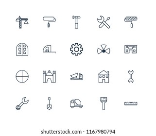Set Of 20 linear icons such as Ruler, Paint brush, Concrete mixer, Shovel, Wrench, roller, Nuclear, Dumper, Windows, Measuring tape, Hammer, editable stroke vector icon pack