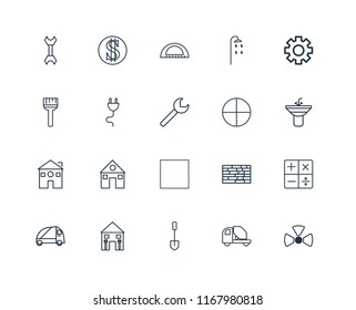 Set Of 20 linear icons such as Nuclear, Concrete mixer, Shovel, Home repair, Truck, Settings, Windows, Tractor, Home, Plug, Protractor, editable stroke vector icon pack