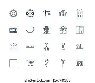 Set Of 20 linear icons such as House, Hammer, Plug, Wheelbarrow, Tractor, Building, Home, Scissors, Museum, Bathtub, Crane, editable stroke vector icon pack