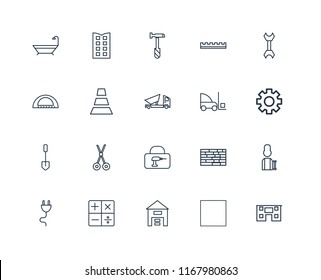 Set Of 20 linear icons such as House, Tractor, Warehouse, Calculator, Plug, Wrench, Forklift, Toolbox, Shovel, Cone, Hammer, editable stroke vector icon pack