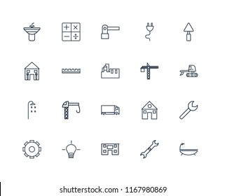 Set Of 20 linear icons such as Bathtub, Wrench, House, Idea, Settings, Trowel, Crane, Delivery truck, Shower, Ruler, Barrier, editable stroke vector icon pack