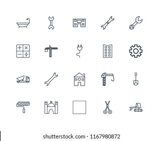 Set Of 20 linear icons such as Excavator, Scissors, Tractor, Castle, Paint roller, Wrench, Building, Home, Dumper, Crane, House, editable stroke vector icon pack