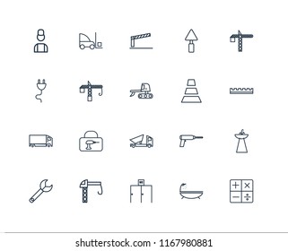 Set Of 20 linear icons such as Calculator, Bathtub, Toilet, Crane, Wrench, Cone, Dumper, Delivery truck, Barrier, editable stroke vector icon pack