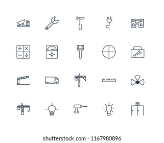 Set Of 20 linear icons such as Toilet, Idea, Driller, Crane, House, Windows, Barrier, Voltmeter, Hammer, editable stroke vector icon pack