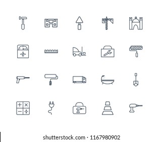 Set Of 20 linear icons such as Driller, Cone, Toolbox, Plug, Calculator, Castle, Delivery truck, Ruler, Trowel, editable stroke vector icon pack