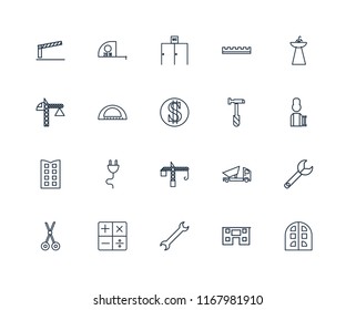 Set Of 20 linear icons such as Building, House, Wrench, Calculator, Scissors, Sink, Hammer, Crane, Protractor, Toilet, editable stroke vector icon pack
