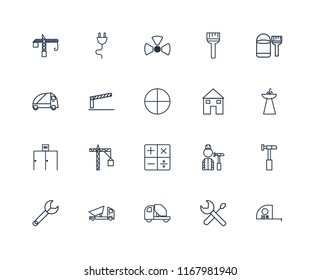 Set Of 20 linear icons such as Measuring tape, Screwdriver, Concrete mixer, Dumper, Wrench, Paint bucket, House, Calculator, Toilet, Barrier, Nuclear, editable stroke vector icon pack