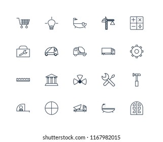 Set Of 20 linear icons such as Building, Bathtub, Dumper, Windows, Measuring tape, Calculator, Delivery truck, Nuclear, Ruler, Truck, editable stroke vector icon pack