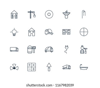Set Of 20 linear icons such as Bathtub, Dumper, Trowel, Calculator, Nuclear, Shower, House, Truck, Delivery truck, Circular saw, editable stroke vector icon pack