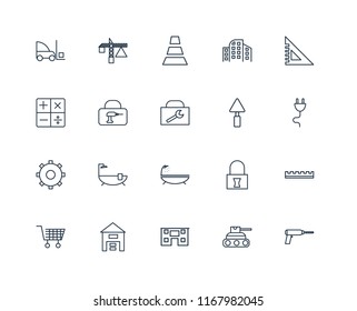 Set Of 20 linear icons such as Driller, Tank, House, Warehouse, Wheelbarrow, square, Trowel, Bathtub, Settings, Toolbox, Cone, editable stroke vector icon pack