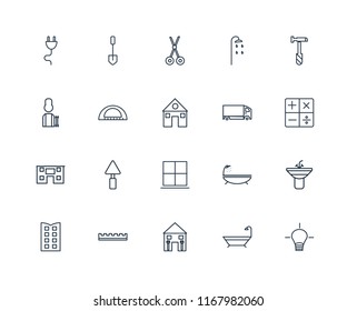 Set Of 20 linear icons such as Idea, Bathtub, Home repair, Ruler, Building, Hammer, Delivery truck, Window, House, Protractor, Scissors, editable stroke vector icon pack