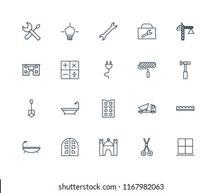 Set Of 20 linear icons such as Window, Scissors, Castle, Building, Bathtub, Crane, Paint roller, Shovel, Calculator, Wrench, editable stroke vector icon pack