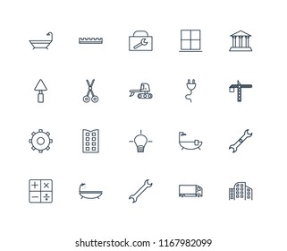 Set Of 20 linear icons such as Building, Delivery truck, Wrench, Bathtub, Calculator, Museum, Plug, Idea, Settings, Scissors, Toolbox, editable stroke vector icon pack