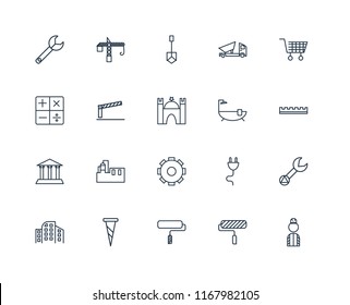 Set Of 20 linear icons such as Worker, Paint roller, Screw, Building, Wheelbarrow, Bathtub, Settings, Museum, Barrier, Shovel, editable stroke vector icon pack