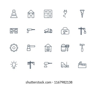 Set Of 20 linear icons such as Factory, Forklift, Driller, Crane, Idea, Screw, Toolbox, Warehouse, Settings, Calculator, editable stroke vector icon pack