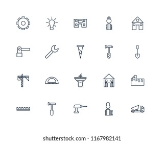 Set Of 20 linear icons such as Dumper, Worker, Driller, Hammer, Ruler, House, Sink, Crane, Wrench, editable stroke vector icon pack