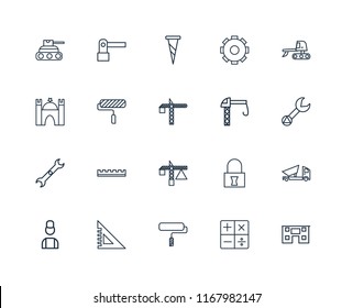 Set Of 20 linear icons such as House, Calculator, Paint roller, square, Worker, Excavator, Crane, Wrench, Screw, editable stroke vector icon pack