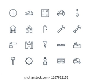 Set Of 20 linear icons such as Concrete mixer, House, Worker, Settings, Paint brush, Shovel, Wrench, Screw, Barrier, Calculator, editable stroke vector icon pack