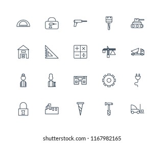 Set Of 20 linear icons such as Forklift, Hammer, Screw, Factory, Padlock, Tank, Crane, House, Worker, square, Driller, editable stroke vector icon pack