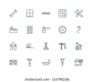 Set Of 20 linear icons such as Paint bucket, Screw, Bathtub, Hammer, House, Screwdriver, Settings, Scissors, Building, Ruler, editable stroke vector icon pack
