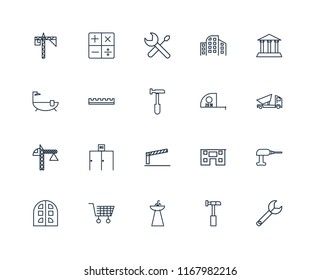Set Of 20 linear icons such as Wrench, Hammer, Sink, Wheelbarrow, Building, Museum, Measuring tape, Barrier, Crane, Ruler, Screwdriver, editable stroke vector icon pack