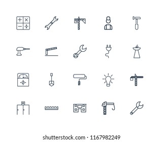 Set Of 20 linear icons such as Wrench, Crane, House, Ruler, Toilet, Hammer, Plug, Paint roller, Voltmeter, Barrier, editable stroke vector icon pack