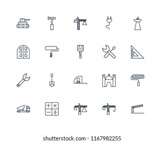 Set Of 20 linear icons such as Barrier, Crane, Calculator, Dumper, Sink, Screwdriver, Measuring tape, Wrench, Paint roller, editable stroke vector icon pack