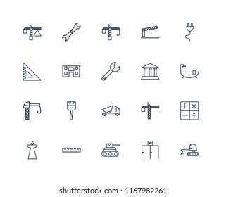Set Of 20 linear icons such as Excavator, Toilet, Tank, Ruler, Sink, Plug, Museum, Dumper, Crane, House, editable stroke vector icon pack