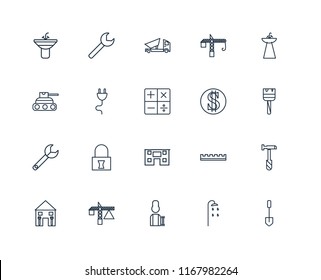 Set Of 20 linear icons such as Shovel, Shower, Worker, Crane, Home repair, Sink, Money, House, Wrench, Plug, Dumper, editable stroke vector icon pack