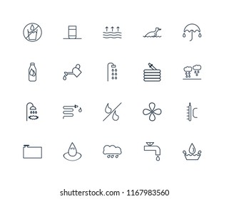 Set Of 20 linear icons such as Water, Watertap, Rain, Water Container, Umbrella, Hose, Percent, Shower, Watering, Evaporation, editable stroke vector icon pack