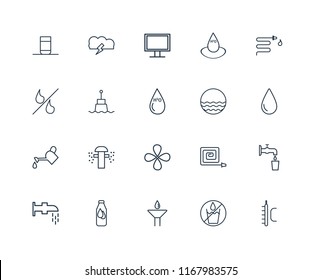 Set Of 20 linear icons such as Temperature, No water, Drop, Bottle, Watertap, Water, Waves, Watering, Buoy, Monitor, editable stroke vector icon pack