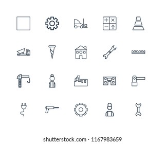 Set Of 20 linear icons such as Wrench, Worker, Settings, Driller, Plug, Cone, Factory, Crane, Screw, Forklift, editable stroke vector icon pack