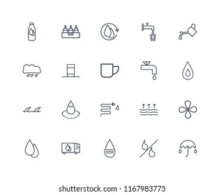 Set Of 20 linear icons such as Umbrella, Percent, Message, Delivery truck, Drop, Watering, Watertap, Water, Waves, Glass of water, Water cycle, editable stroke vector icon pack