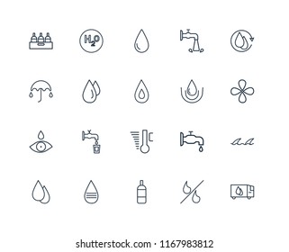 Set Of 20 linear icons such as Delivery truck, Percent, Bottle, Message, Drop, Water cycle, Temperature, Drops, editable stroke vector icon pack
