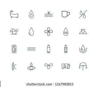 Set Of 20 linear icons such as Umbrella, Delivery truck, Drops, Drop, Temperature, Percent, Message, Bottle, Smartphone, Swimming pool, editable stroke vector icon pack