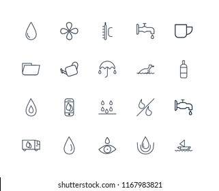 Set Of 20 linear icons such as Sailboat, Drop, Water drop, Delivery truck, Mug, Duck, Drops, Water, Watering Can, Temperature, editable stroke vector icon pack