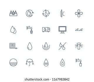 Set Of 20 linear icons such as Water, Message, Umbrella, Waves, Drop, Monitor, Fire Hose, Water cycle, editable stroke vector icon pack