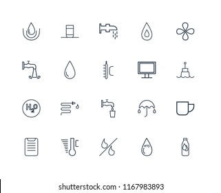 Set Of 20 linear icons such as Bottle, H2o, Percent, Temperature, Clipboard, Drop, Monitor, Water, Watertap, editable stroke vector icon pack
