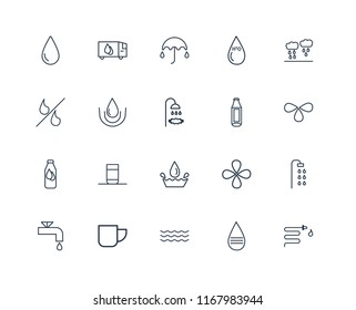 Set Of 20 linear icons such as Water, Message, Mug, Watertap, Rain, Bottle, Drop, Umbrella, editable stroke vector icon pack